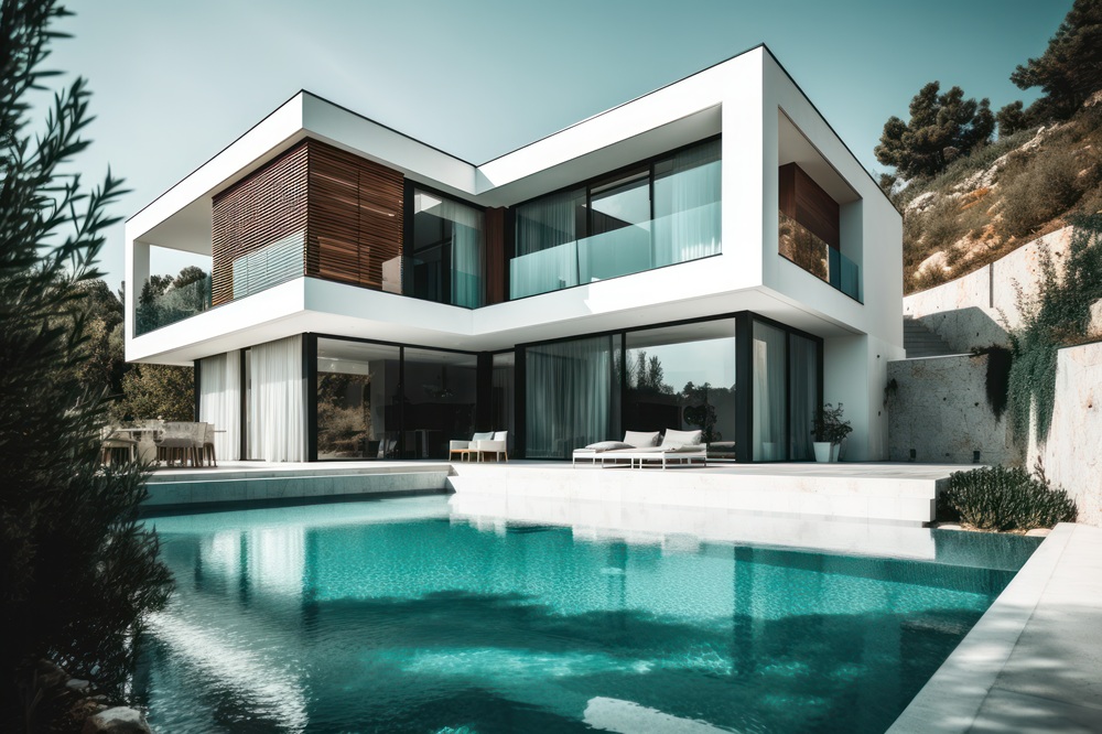 design house modern villa with open plan living and private bedroom wing. large terrace with privacy and, swimming pool. generative ai.